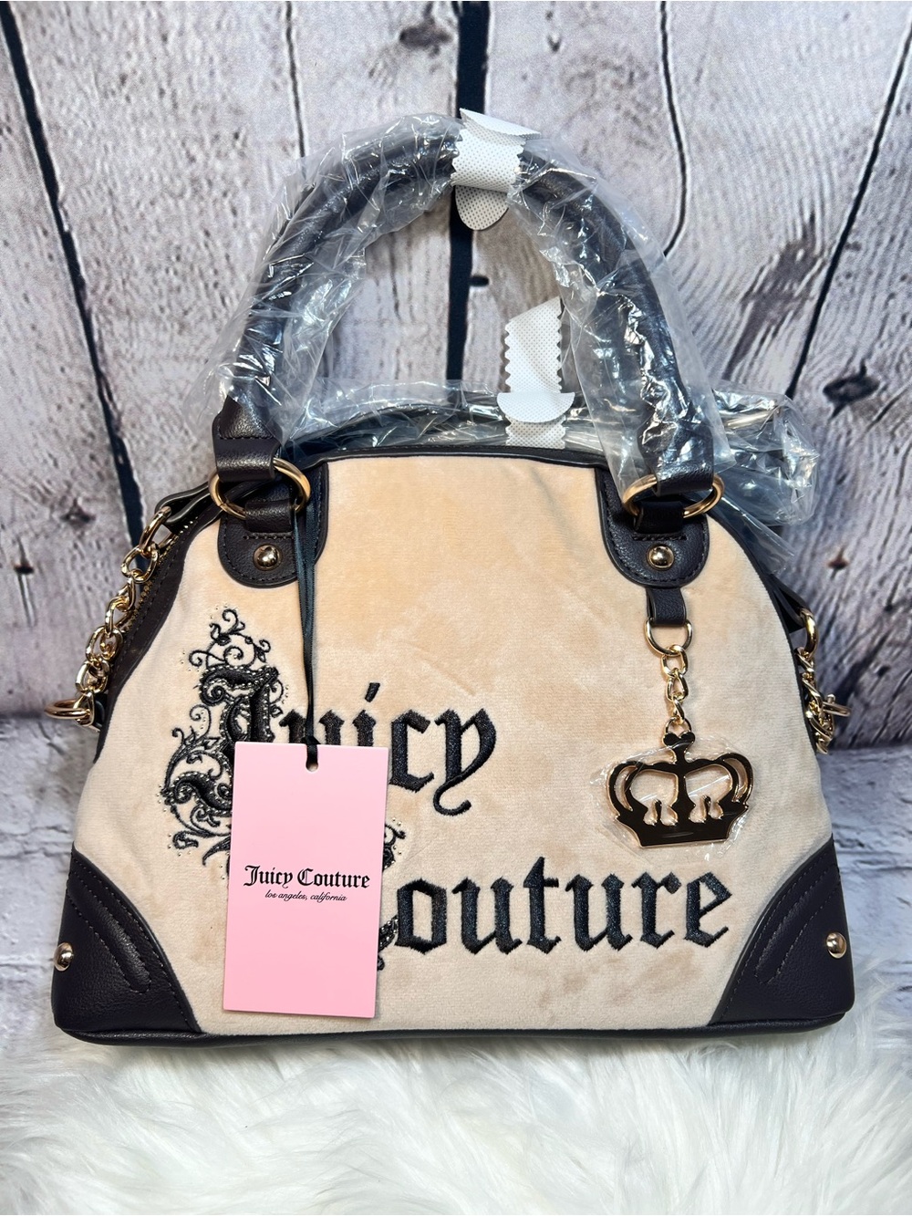 Juicy Couture Beige and Brown Suede Satchel with Crown Charm